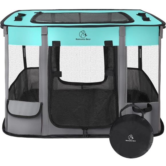 Romantic Bear Portable Pet Playpen - Teal and Gray NWT - Picture 1 of 5